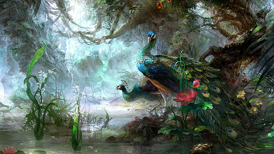 Рисувани пауни, вода, гори, птици, езеро, пауни, живопис, животни, HD тапет HD wallpaper