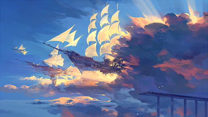 black and beige sailing boat painting, water, fantasy art, sailing ship, clouds, sky, watercolor, sun rays, HD wallpaper