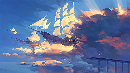 pintura a preto e bege de barco à vela, água, arte de fantasia, veleiro, nuvens, céu, aquarela, raios de sol, HD papel de parede HD wallpaper