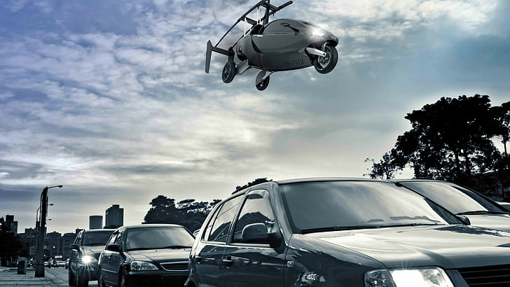 helicopter above cars under cloudy sky, Pal-v One, flying car, helicycle, HD wallpaper