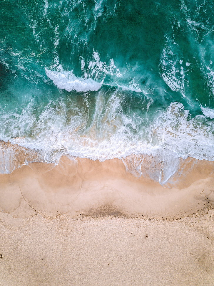 oceano, veduta aerea, surf, onde, schiuma, sabbia, Sfondo HD, sfondo telefono