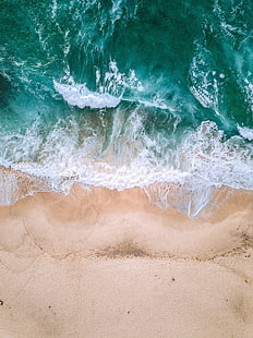океан, вид сверху, прибой, волны, пена, песок, HD обои HD wallpaper