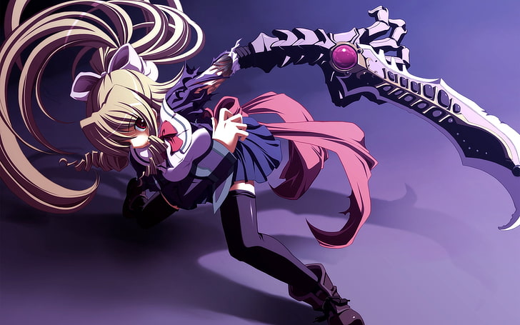 Желтоволосая женщина аниме персонаж держит меч цифровые обои, асанами миори, девушка, блондинка, поза, HD обои