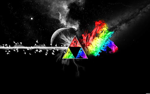 carta da parati triangolo multicolore, colorato, Triforce, triangolo, arte digitale, psichedelico, colorazione selettiva, spazio, uccelli, arte spaziale, Sfondo HD HD wallpaper