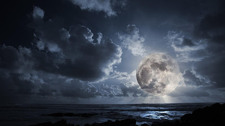 lua cheia, céu noturno, horizonte, nuvens, noite, lua, luar, HD papel de parede