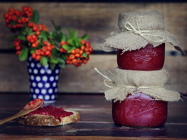 two fruit jam jars, raspberry, jam, jars, rowan, HD wallpaper