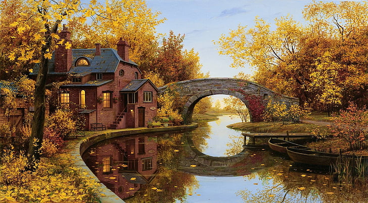 rött och grått betonghus, bro över vattnet, reflektion, bro, båge, flod, hus, träd, båt, fall, HD tapet