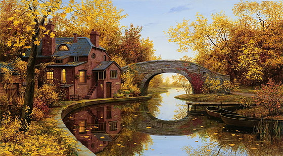 منزل خرساني أحمر ورمادي ، جسر فوق جسم مائي ، انعكاس ، جسر ، قوس ، نهر ، منزل ، أشجار ، قارب ، سقوط، خلفية HD HD wallpaper