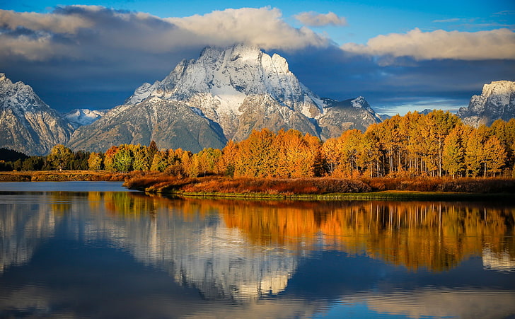 الجبل الأبيض والبرتقالي ، الخريف ، الصباح ، وايومنغ ، الولايات المتحدة الأمريكية ، الولاية ، الحديقة الوطنية Grand Teton ، Oxbow Bend، خلفية HD