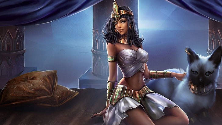 Frau sitzt neben Katzentapete, Videospiel, League Of Legends, Katze, Ägypter, Fantasie, Mädchen, Nidalee (League Of Legends), Frau, HD-Hintergrundbild