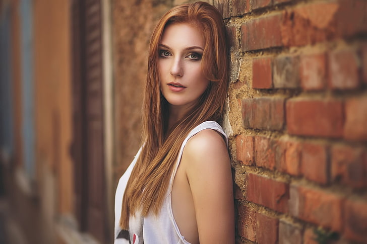women's white sleeveless top, women, model, redhead, face, wall, HD wallpaper