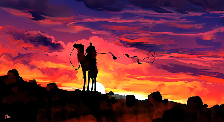 Person, die auf Kamelmalerei, Illustration, Fantasiekunst, Sonnenuntergang, Grafik reitet, HD-Hintergrundbild