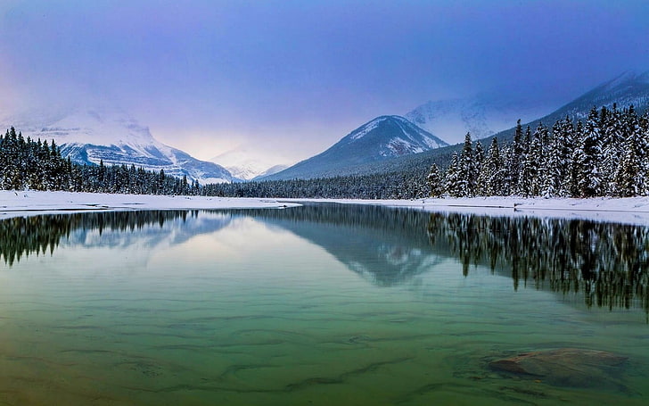 body of water, nature, landscape, lake, forest, mountains, snow, winter, water, Jasper National Park, Canada, HD wallpaper