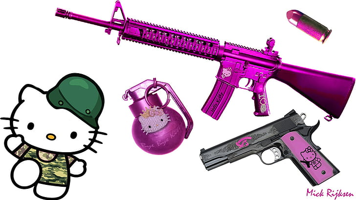 Hello Kitty, боеприпаси, армия, пистолет, розов, HD тапет