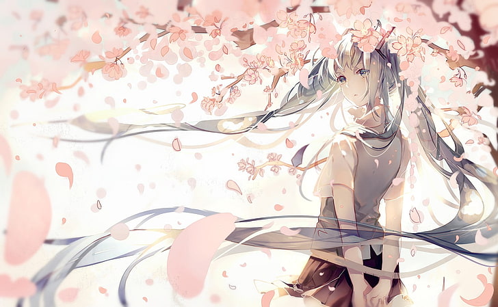 Hatsune Miku Illustration Vocaloid Hatsune Miku Anime Cherry Blossom Hd Wallpaper Wallpaperbetter
