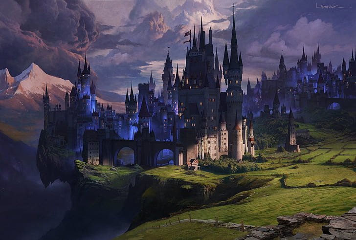 mountains, castle, shadow, tower, Dark Kingdom, HD wallpaper