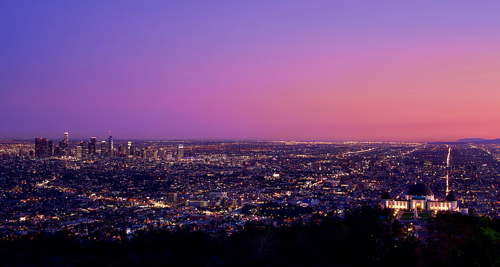 Лос-Анджелес, город, небо, огни, огни города, розовый, обсерватория, HD обои