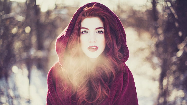 Winter Red Girl, jaket hoodie kulit merah wanita, musim dingin, gadis, hot babes and girls, Wallpaper HD