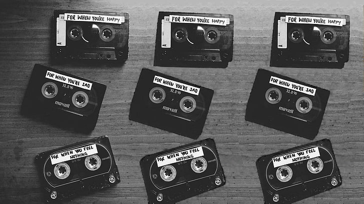 nio svarta kassettband, kassett, tejp, svartvitt, HD tapet