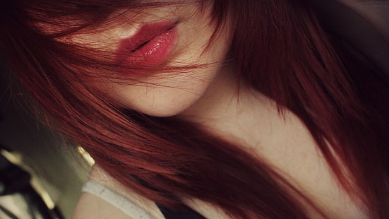 rött läppstift, läppar, rödhårig, kvinnor, närbild, ansikte, långt hår, modell, HD tapet HD wallpaper