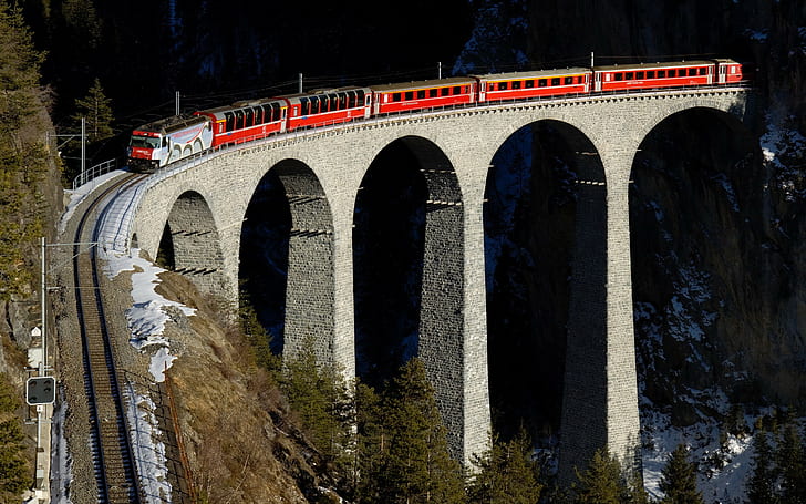 train, railway, bridge, Switzerland, nature, trees, mountains, winter, snow, arch, hills, forest, HD wallpaper