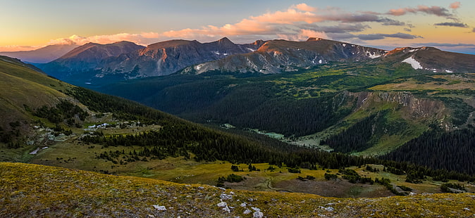 landscape photography of green grass hills during daytime, rocky mountain national park, rocky mountain national park, View, Rocky Mountain National Park, landscape photography, green grass, hills, daytime, Colorful, Forest, Sunrise, Tree, mountain, nature, mountain Peak, landscape, summer, scenics, outdoors, europe, rock - Object, sky, beauty In Nature, european Alps, mountain Range, meadow, hiking, travel, grass, valley, hill, HD wallpaper HD wallpaper