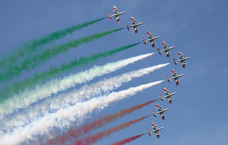 Frecce Tricolori, Aermacchi MB 339, Italian Air Force, aircraft, colorful, vehicle, HD wallpaper