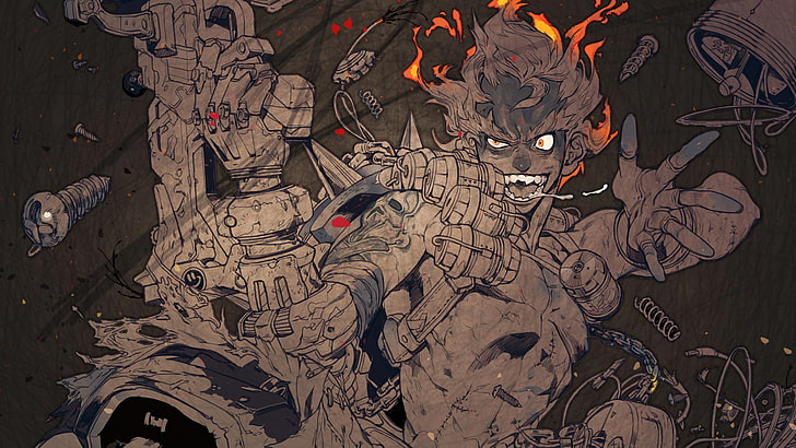 male anime character painting, video games, Overwatch, artwork, Junkrat, HD wallpaper
