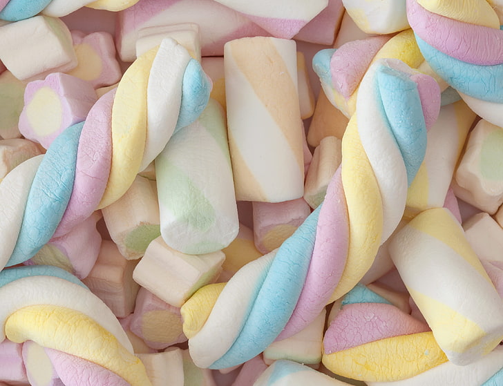 assorted-color marshmallows, candy, pigtails, rubber, heap, background, HD wallpaper