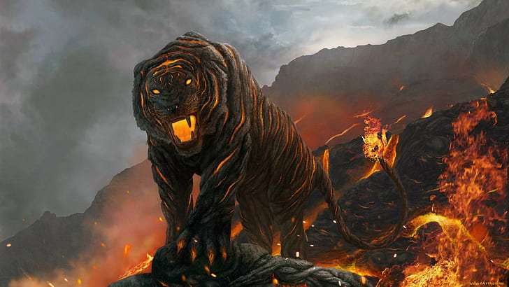 A Tiger From Hell's Volcano, brown and orange tiger, tiger, hell, fire, volcano, 3d and abstract, HD wallpaper