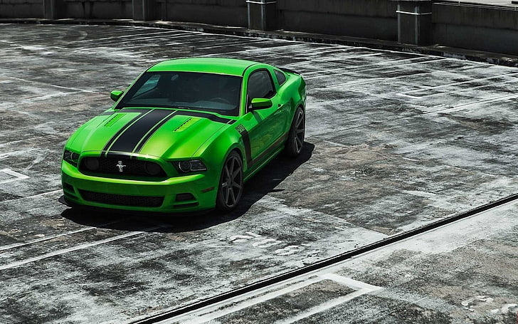 green and black Ford Mustang GT coupe, Ford Mustang, green cars, concrete, contrast, HD wallpaper