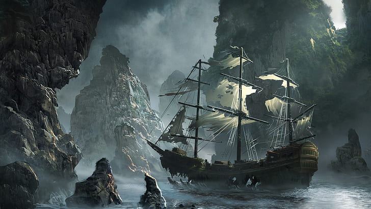 art, boat, decay, fantasy, ruins, ship, Ships, Wreck, HD wallpaper