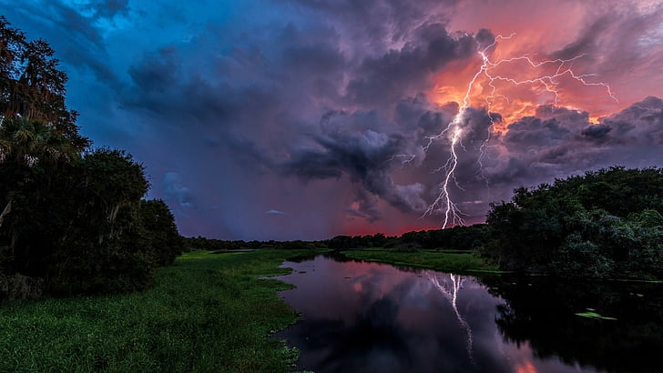 storm, thunder, thunderstorm, lightning, brook, nature, HD wallpaper