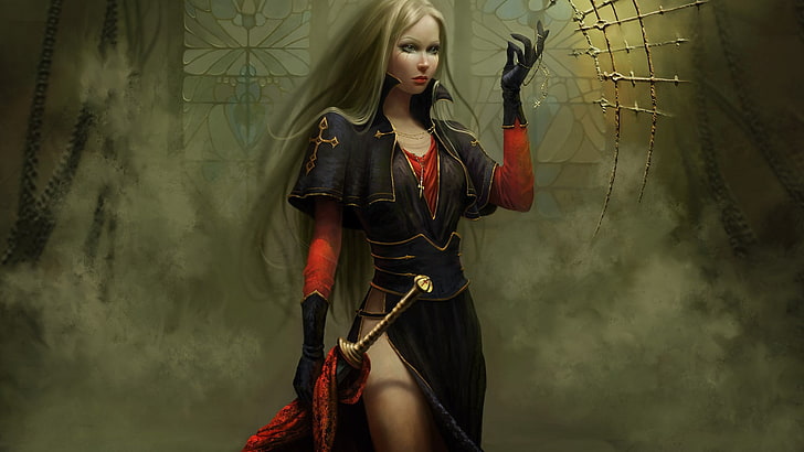 жена държи меч тапет, жени, руса, дълга коса, воин, фентъзи изкуство, дигитално изкуство, меч, черна рокля, ръкавици, кръст, дим, HD тапет