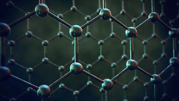 chemical structures, texture, simple background, blurred, graphene, ball, minimalism, digital art, hexagon, simple, atoms, structure, depth of field, HD wallpaper