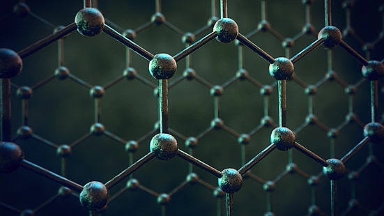 gray atoms figure, digital art, minimalism, texture, simple, simple background, atoms, hexagon, ball, depth of field, blurred, structure, graphene, chemical structures, HD wallpaper HD wallpaper