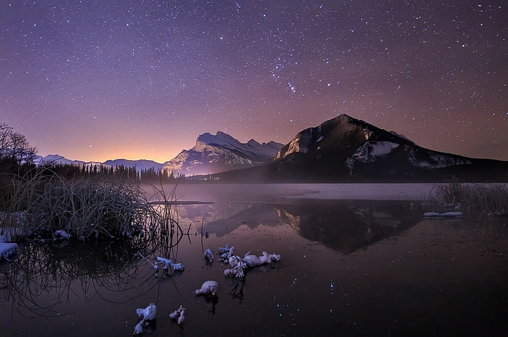 nature, landscape, cold, winter, starry night, frost, lake, mountains, reflection, Banff National Park, Canada, HD wallpaper