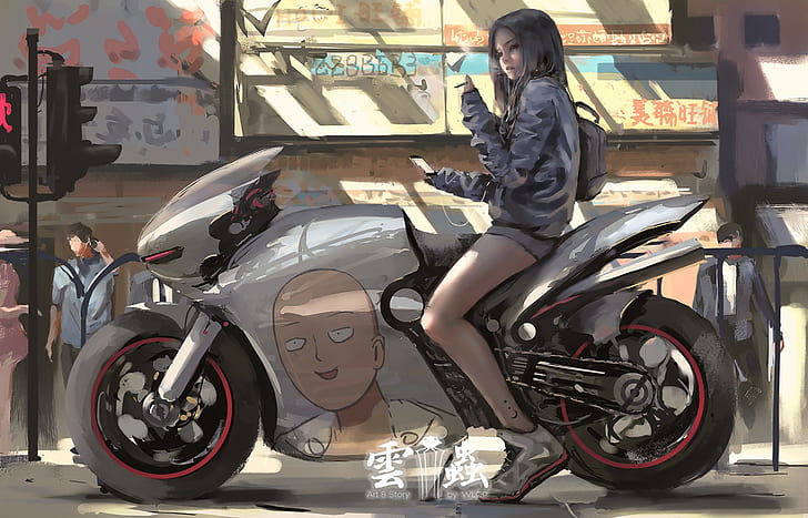 аниме девушки, соло, Сайтама, мотоцикл, One-Punch Man, WLOP, HD обои