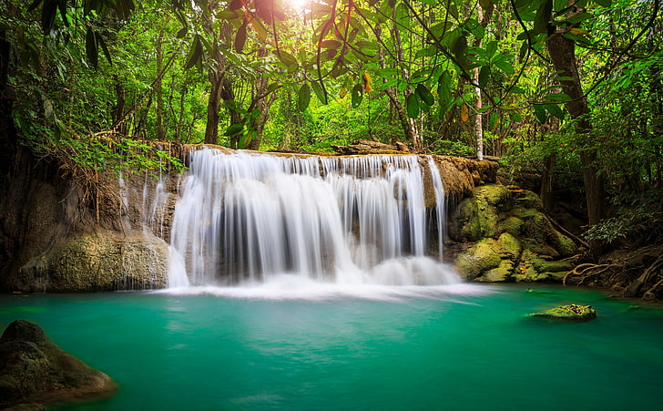 Rainforest Waterfall HD Wallpaper, cachoeiras, natureza, cachoeiras, viagem, linda, paisagem, cenário, árvores, cena, cachoeira, floresta, água, tropical, incrível, lugares, HD papel de parede