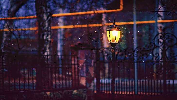 depth of field, photography, street light, winter, snow, warm, fence, blurred, lantern, HD wallpaper