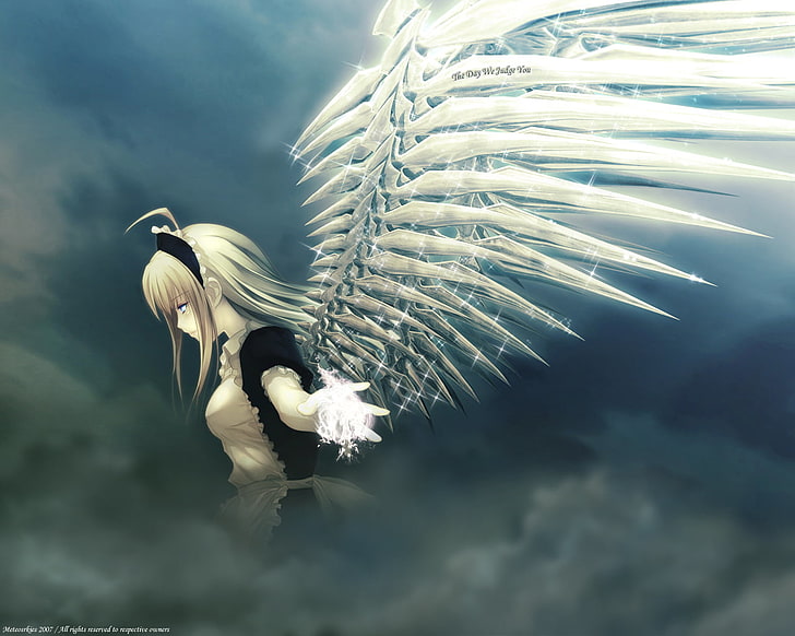 blonde haired anime woman with wings wallpaper, clouds, wings, angel, HD wallpaper