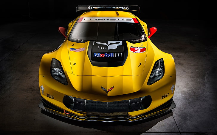 gul Chevrolet Corvette sportkupé, 2014 Chevrolet Corvette C7R, Chevrolet Corvette C7R, bil, fordon, gula bilar, HD tapet