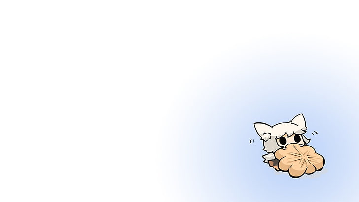 илюстрация на бяла котка, чиби, лакомства, прост фон, фентъзи изкуство, HD тапет
