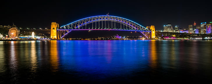 Мост с огнями в ночное время, Яркий Сидней, огни, ночное время, Австралия, Новый Южный Уэльс, Мост Харбор-Бридж Сиднея, Сиднейский оперный театр, ночь, городской пейзаж, известное место, архитектура, мост - Рукотворное сооружение, река, городской Горизонт, городскойСцена, отражение, освещенная, город, HD обои