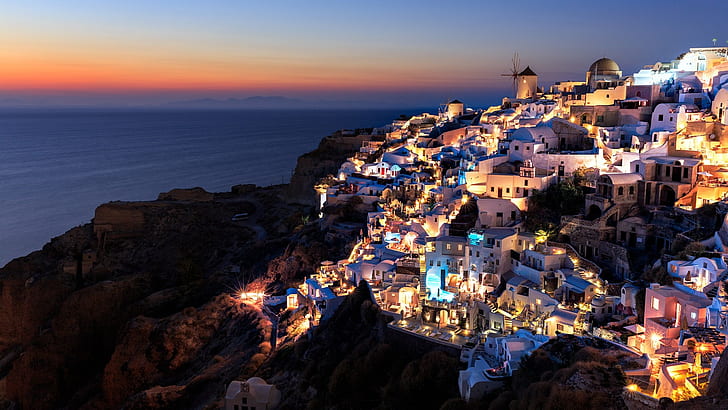 ティラ、海、海岸、町、観光、岬、夕方、夜、観光名所、都市景観、夕暮れ、旅行、サントリーニ島、ギリシャ、 HDデスクトップの壁紙