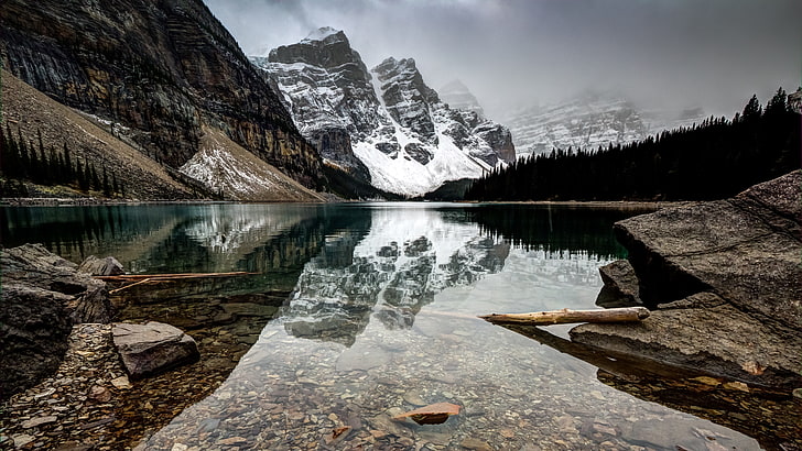 fotografia de paisagem do rio, Canadá, lago morraine, montanhas, paisagem, neve, HD papel de parede