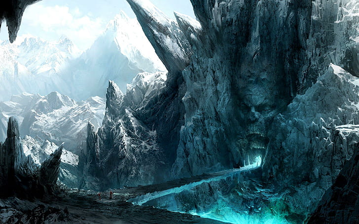 Cancello raccapricciante tra le montagne ghiacciate, applicazione di gioco, fantasia, 2560x1600, neve, montagna, ponte, grotta, cancello, Sfondo HD