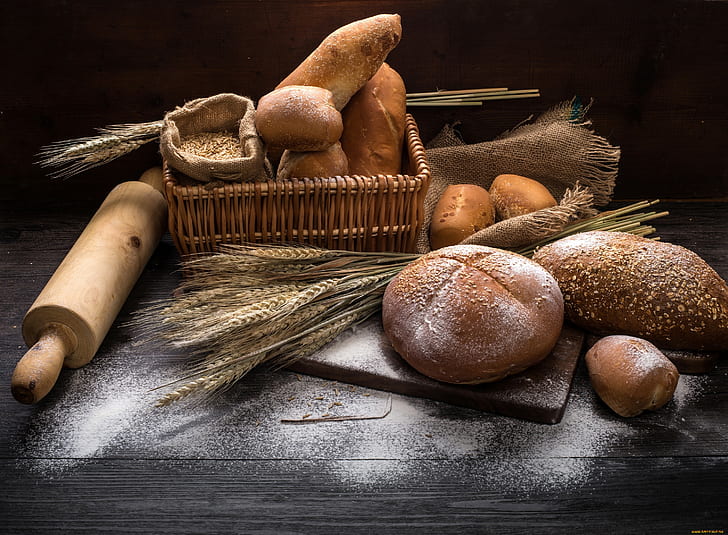 Baskets, Bread, food, Wheat, HD wallpaper