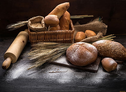Baskets, Bread, food, Wheat, HD wallpaper HD wallpaper
