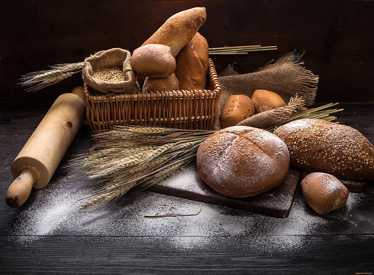 еда, пшеница, хлеб, корзины, HD обои